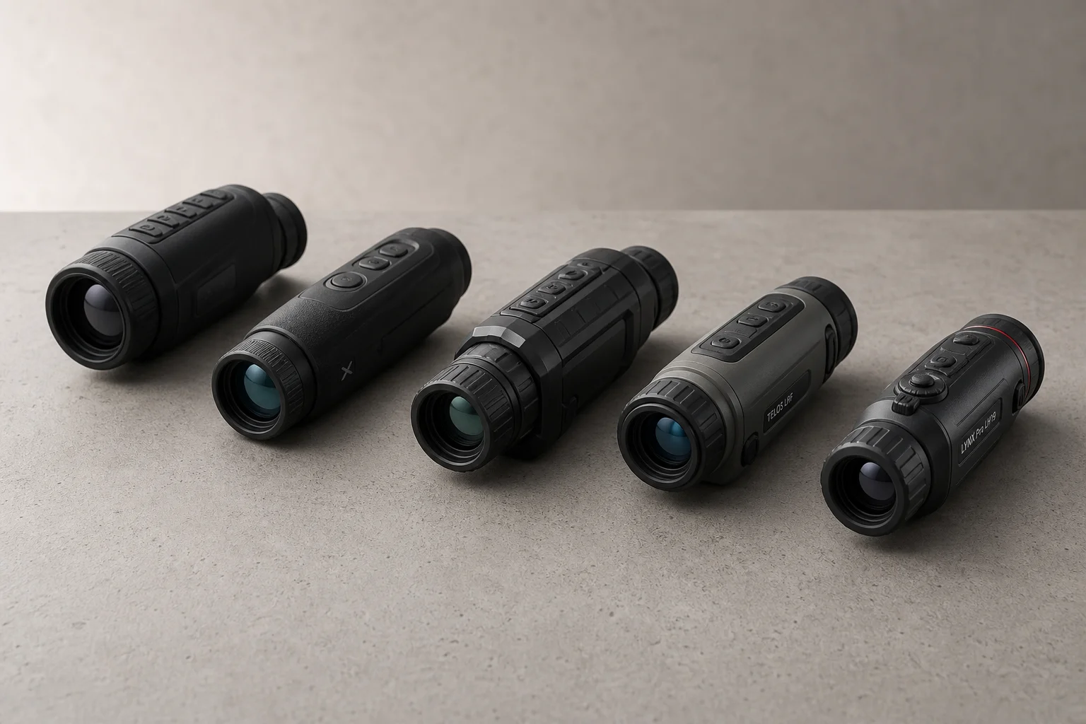 Five thermal monoculars arranged on concrete surface