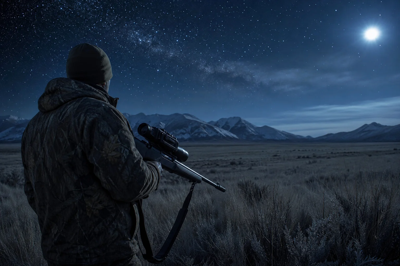 夜の野原でサーマルスコープ付きライフルを構えるハンター、頭上には星空が見える