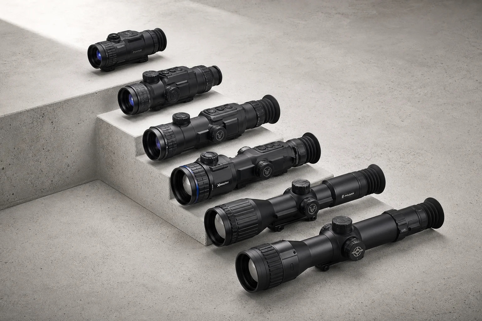 Six thermal rifle scopes arranged in descending size order on concrete surface