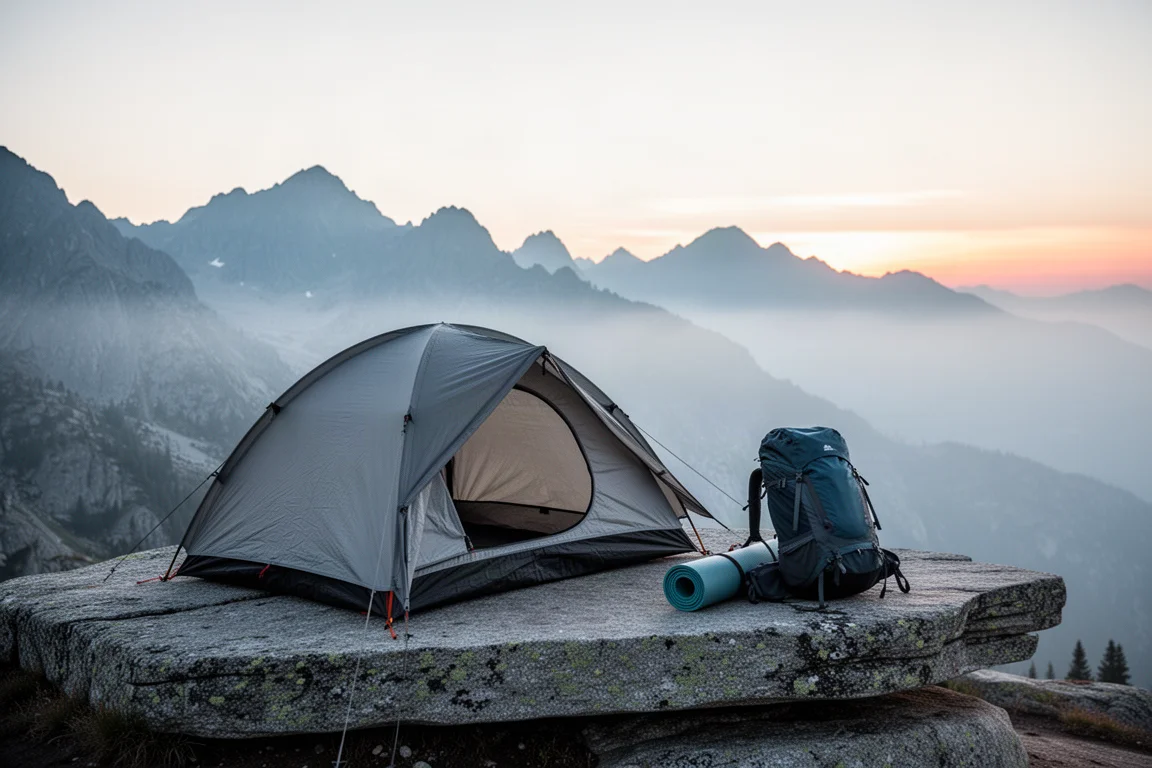 Tente de trekking montée sur un rebord de granit à l'aube avec un matelas de camping roulé à côté
