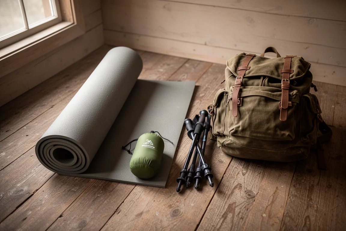 Vue de dessus à plat d'un matelas roulé, d'une housse de rangement et d'une pompe à sac sur un sol en bois