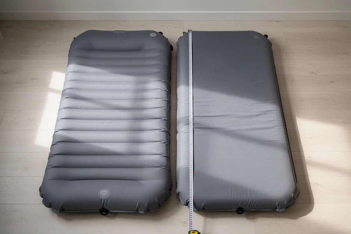 Deux matelas gonflables côte à côte sur un sol en bois montrant une différence de largeur