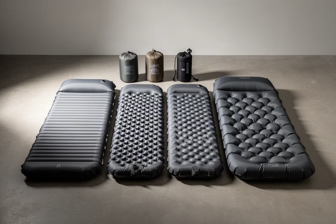 Four thick inflatable sleeping pads laid side by side on a concrete floor