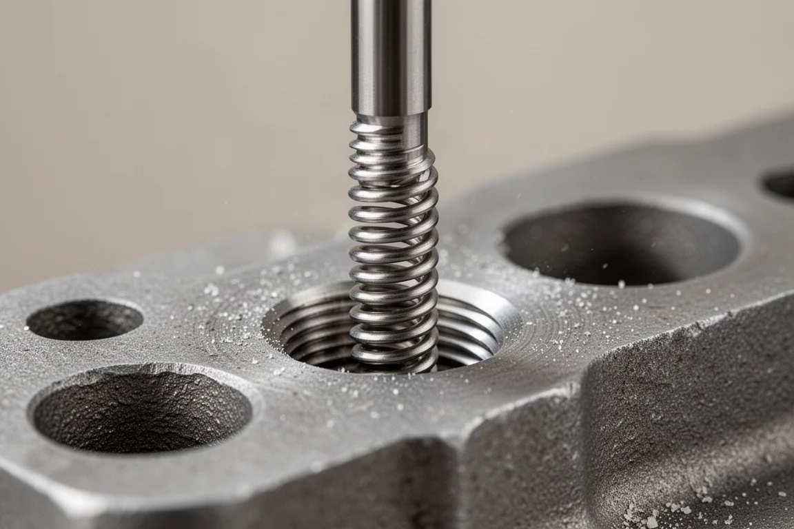 Spiral wire thread insert being installed into a tapped hole in cast iron