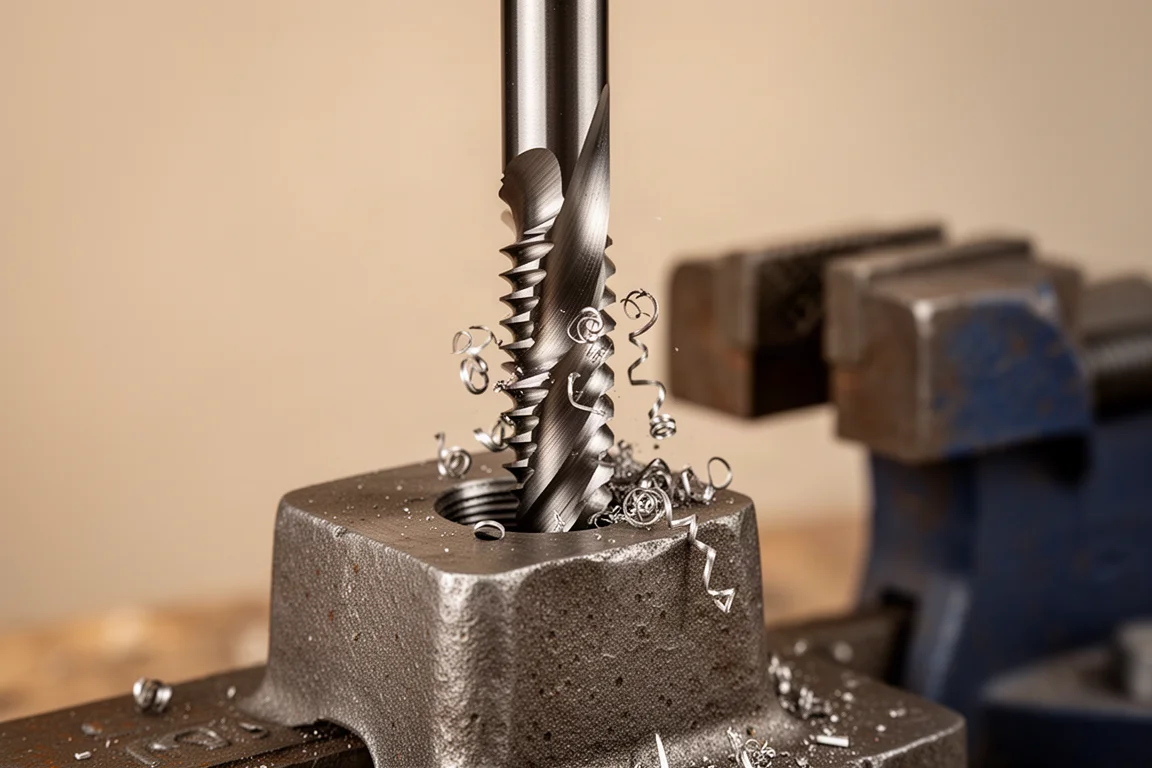 Tap cutting fresh threads into a drilled hole in a cast iron workpiece