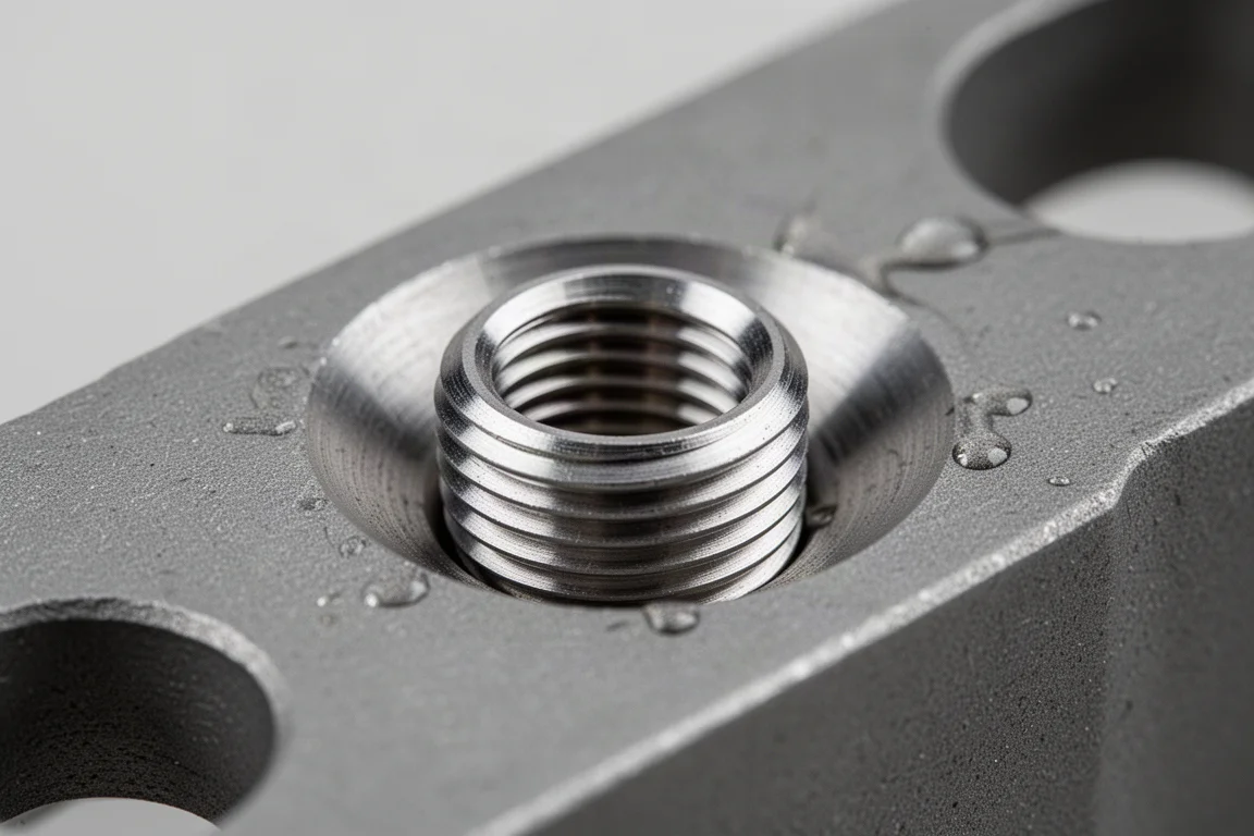 Solid threaded insert with counterbored lip seated flush in metal