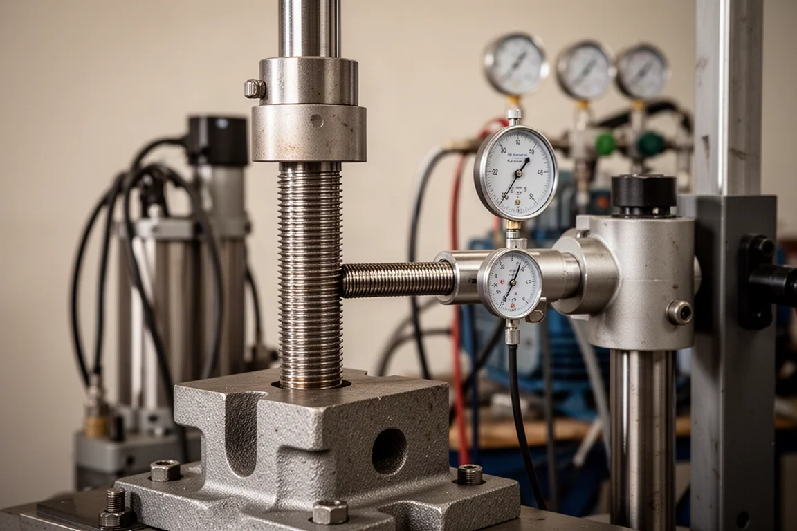 Hydraulic tension test rig pulling on a stud mounted in a cast iron block
