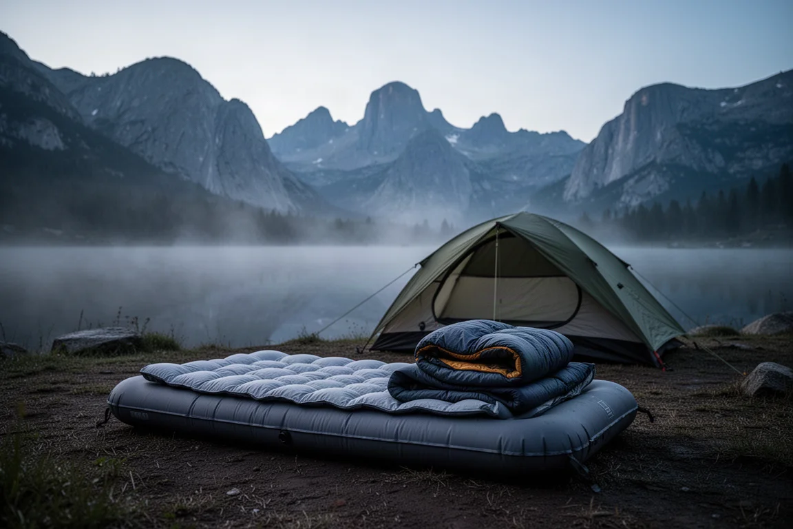 Layered quilt and sleeping bag system laid out on a sleeping pad at an alpine campsite at dusk