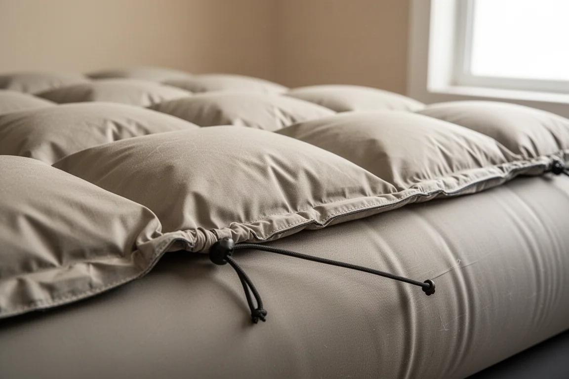 Close-up of a quilt layer attached to a sleeping pad sheet with a drawstring edge