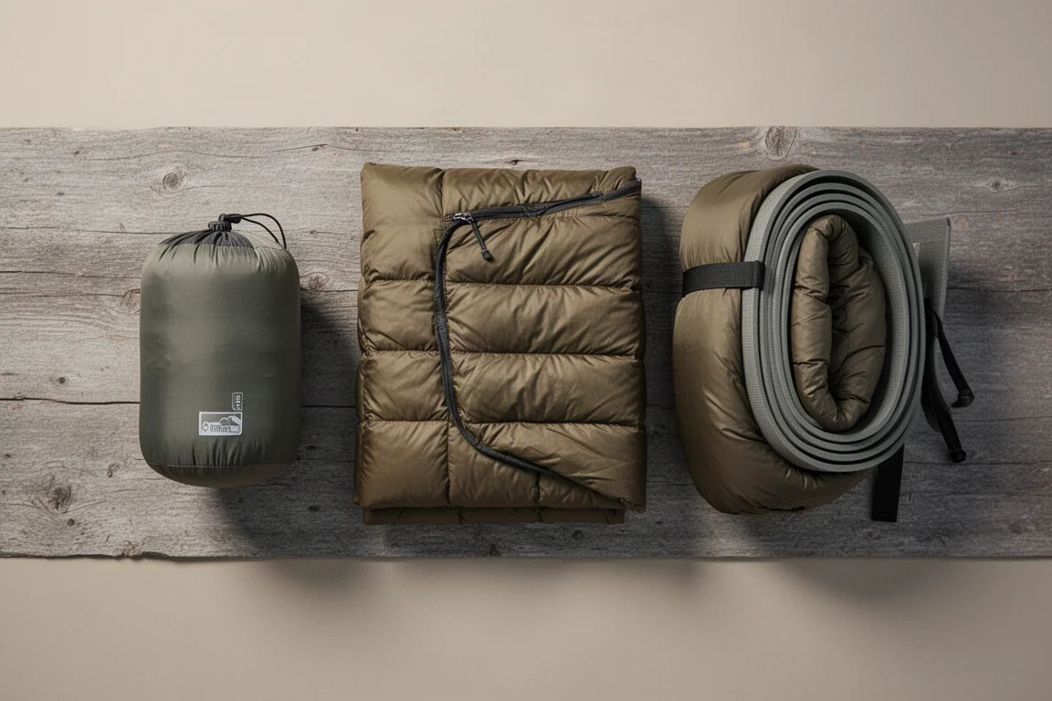 Overhead flat lay of a stuff sack, folded quilt, and rolled sleeping bag on weathered wood