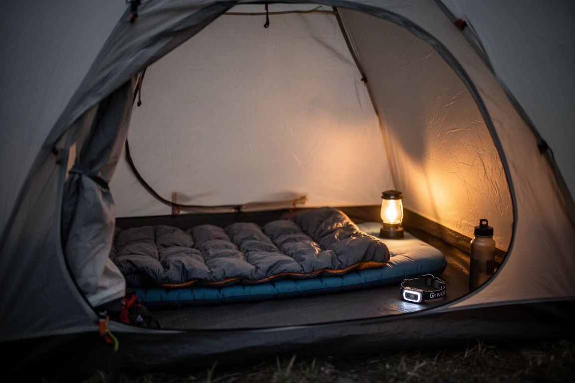 Tent interior at night with a sleeping pad and quilt under warm lantern light
