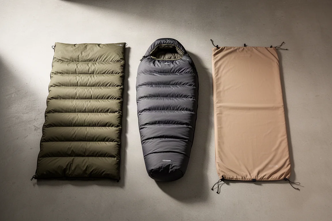 Modular sleeping bag system with quilt layer, mummy bag, and pad sheet on concrete