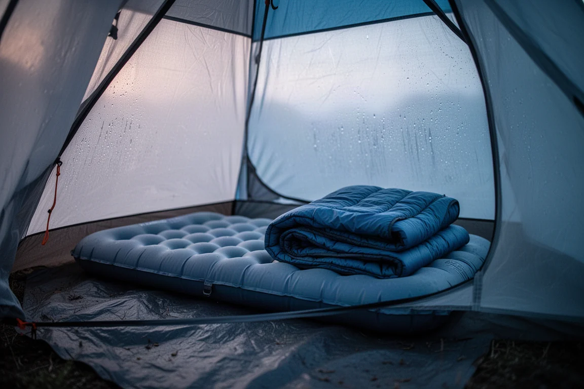 Gryningsljus inuti ett litet vandringstält med ett uppblåst liggunderlag och en quilt