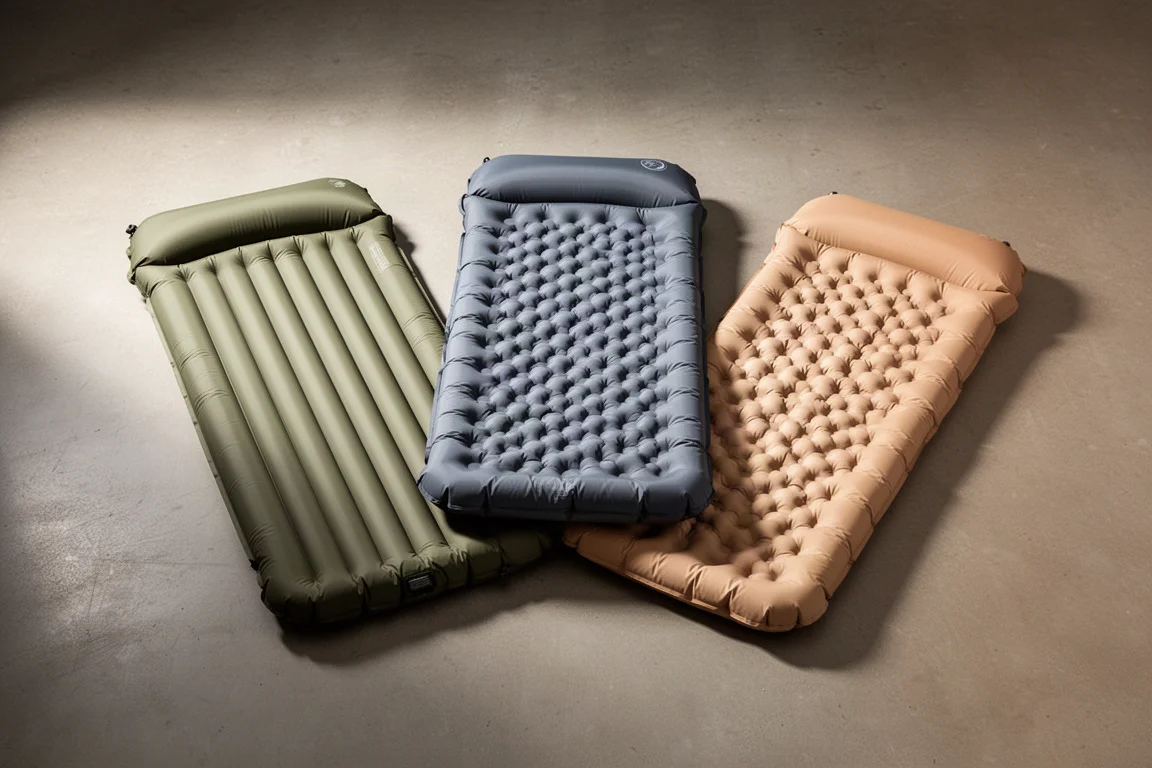Three inflatable sleeping pads with vertical, dimpled, and quilted surfaces on concrete