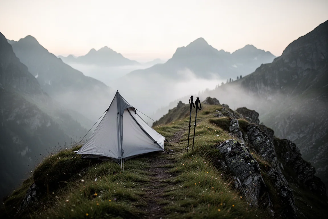Tenda da trekking monoparete grigio chiaro, bassa, montata su una cresta alpina nebbiosa all'alba