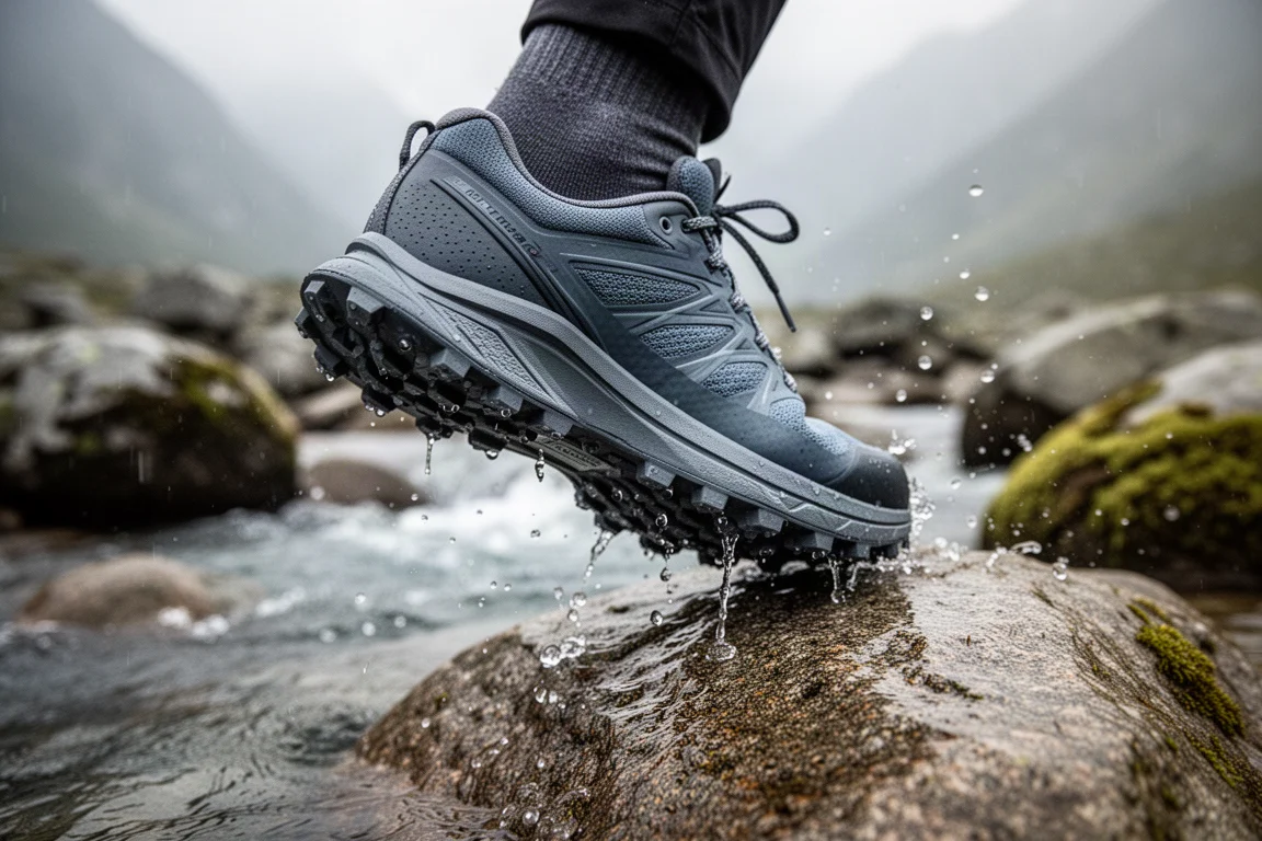 Primo piano di una scarpa da trail running che attraversa un ruscello su rocce bagnate