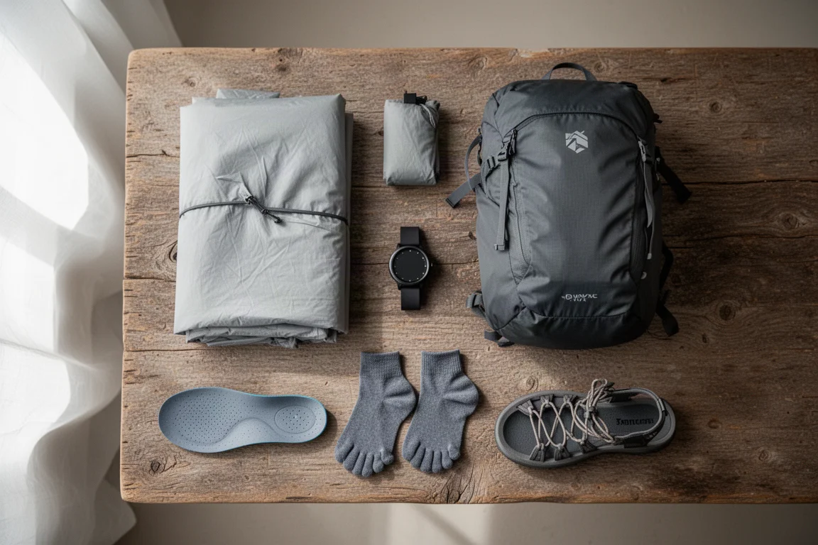 Vista dall'alto, dall'alto, di attrezzatura ultraleggera da thru-hiking disposta su legno consumato