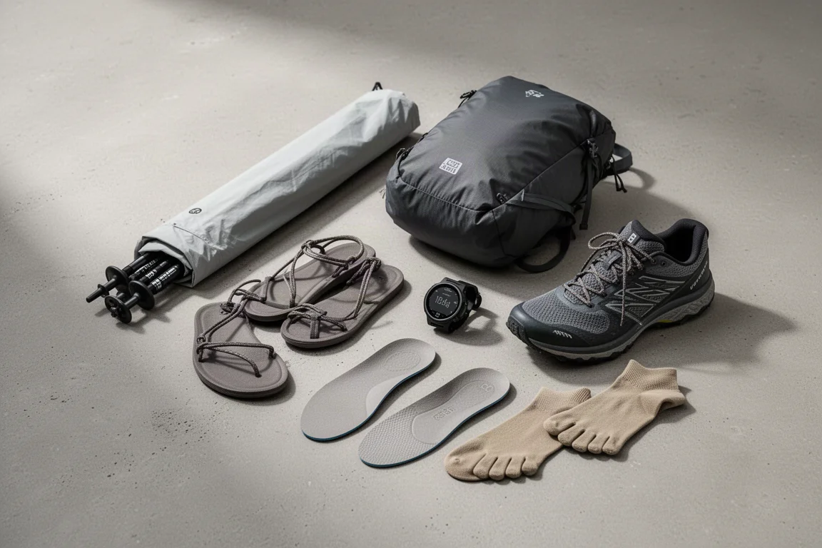 Ultralight thru-hiking gear arranged on a concrete surface including shelter, pack, watch, sandals and trail shoe