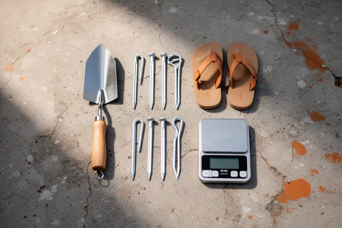 Flat lay of small backpacking tools on concrete beside a compact digital scale