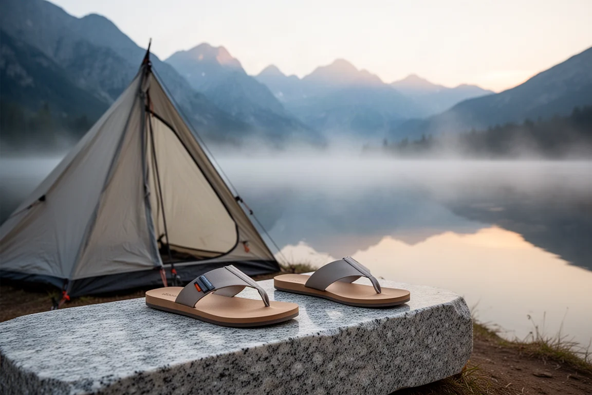 Minimal sandals resting on a granite slab beside a tent at dawn