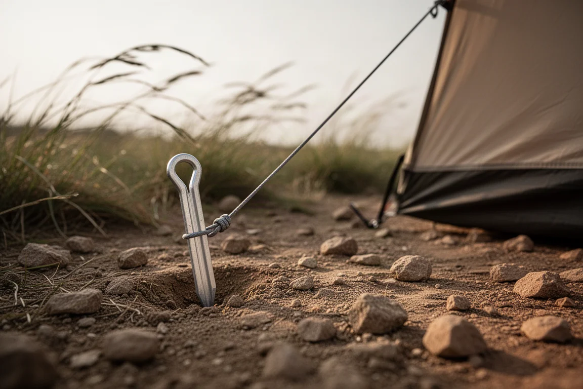 Close-up of a tent stake driven into rocky ground with a taut guyline