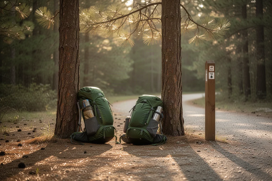 Loaded backpack leaning against a tree at a trailhead in golden light