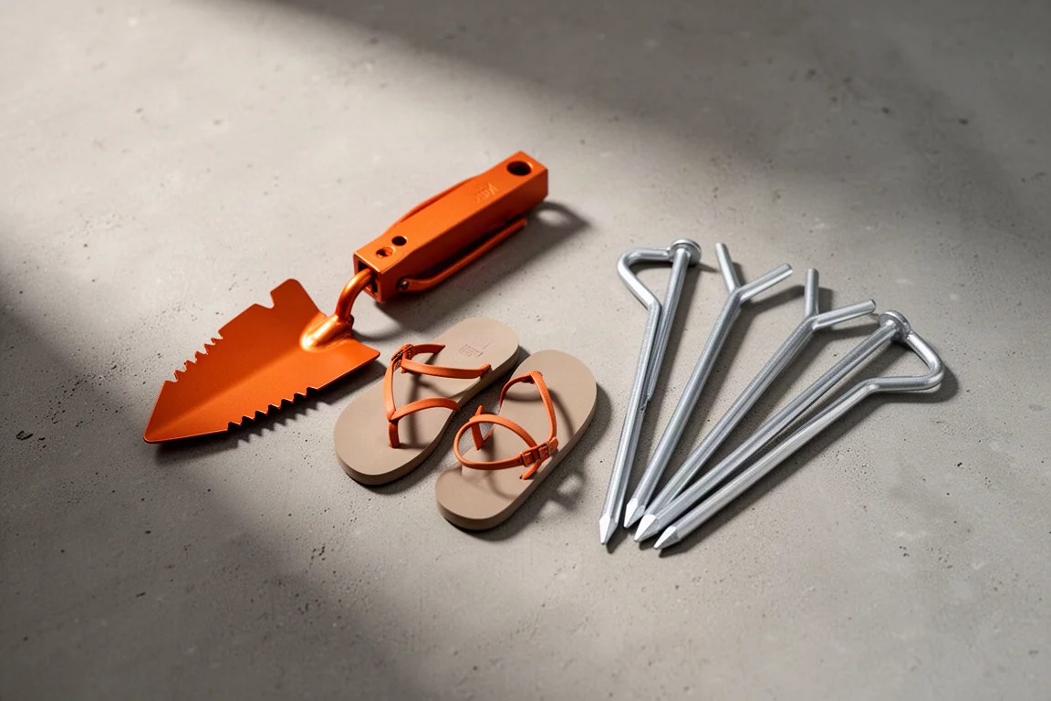 Orange trowel, minimal sandals and aluminium tent stakes arranged on a concrete surface