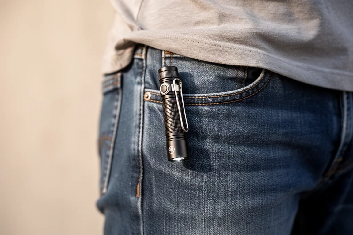 Kleine EDC-zaklamp met zakclip geklemd aan de rand van een spijkerbroekzak