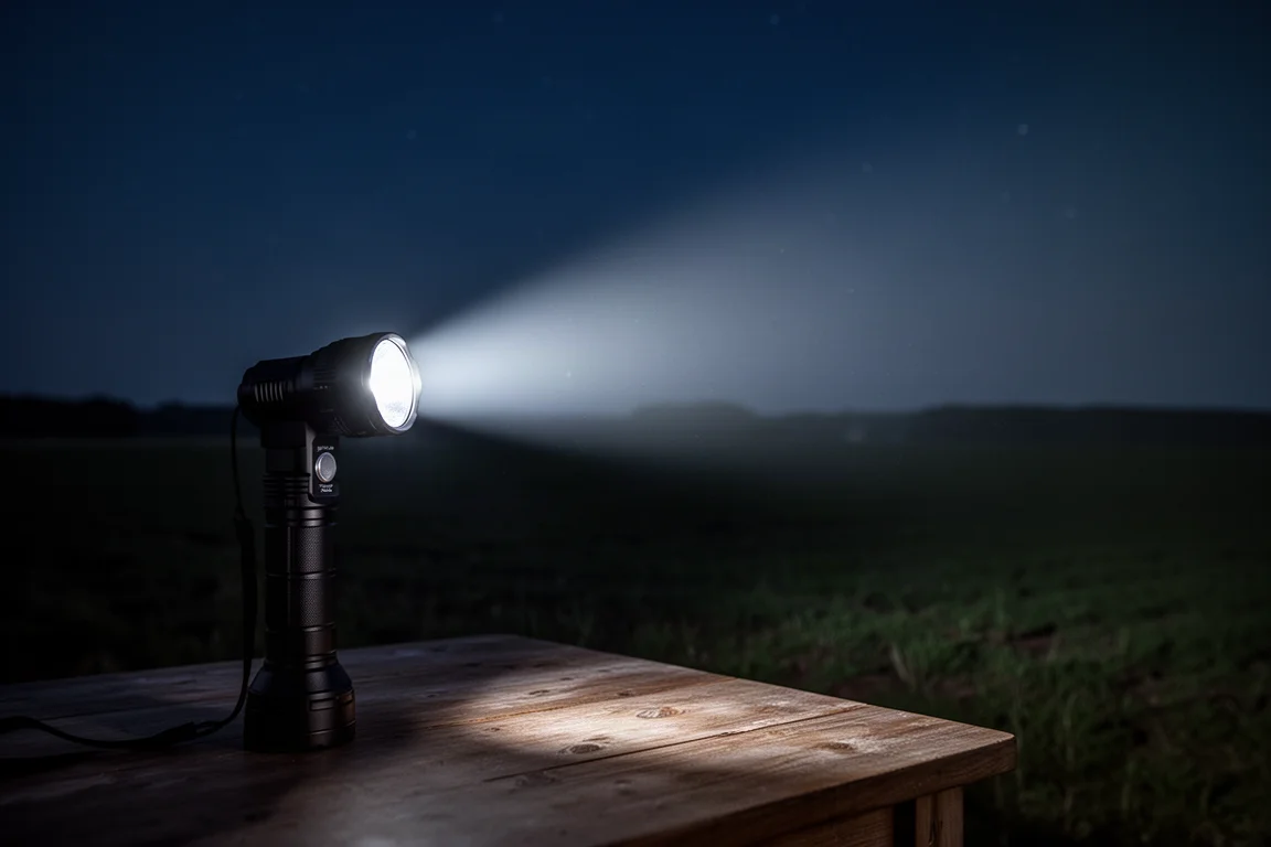 Lange, reikende lichtbundel die 's nachts een open veld overspant
