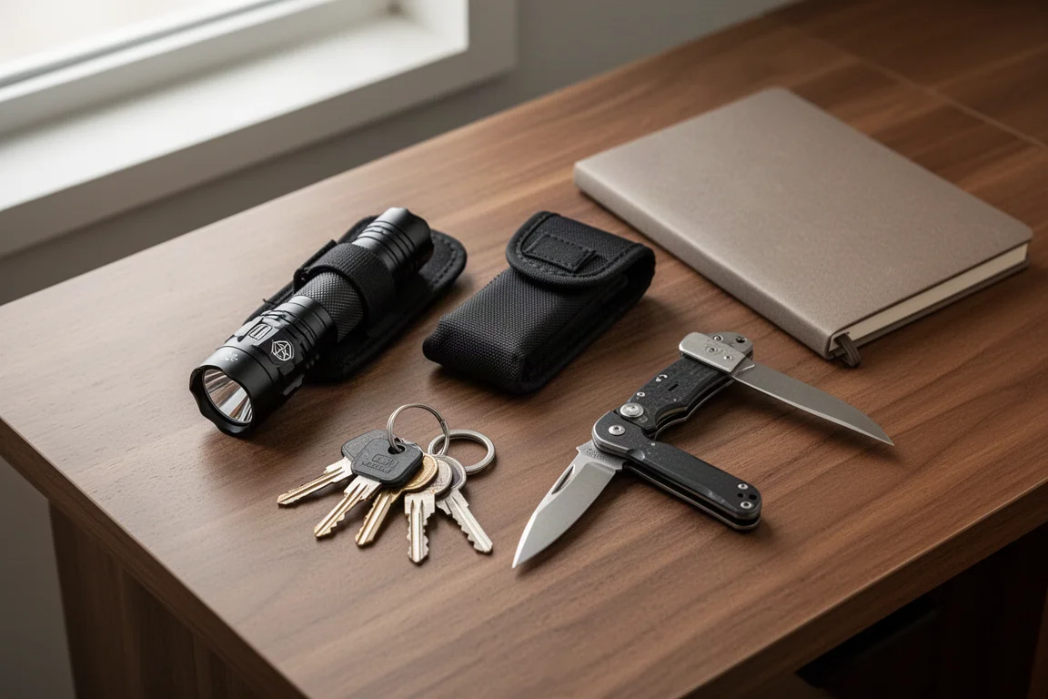 Zaklamp in holster aan een riem, naast alledaagse items op een tafel