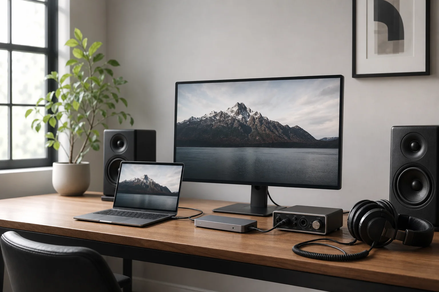 Desktop workspace with docking station, monitor, and audio gear