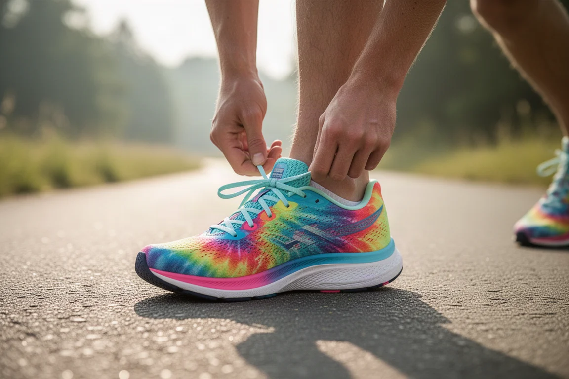 Un corridore allaccia una colorata scarpa da running tie-dye su una strada estiva