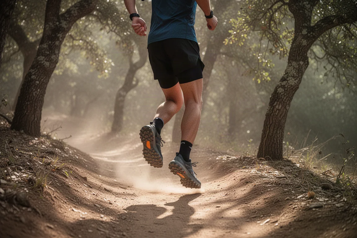 Trail runner su un sentiero di terra con scarpe da trail tassellate in una luce filtrata