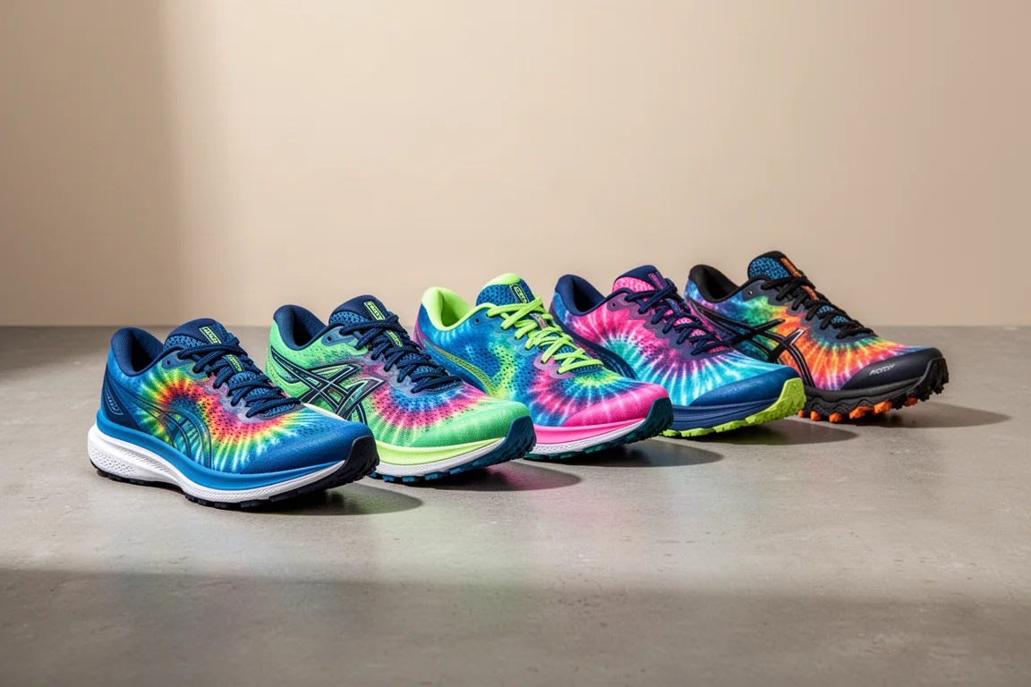 Six colorful tie-dye running shoes arranged in a row on concrete
