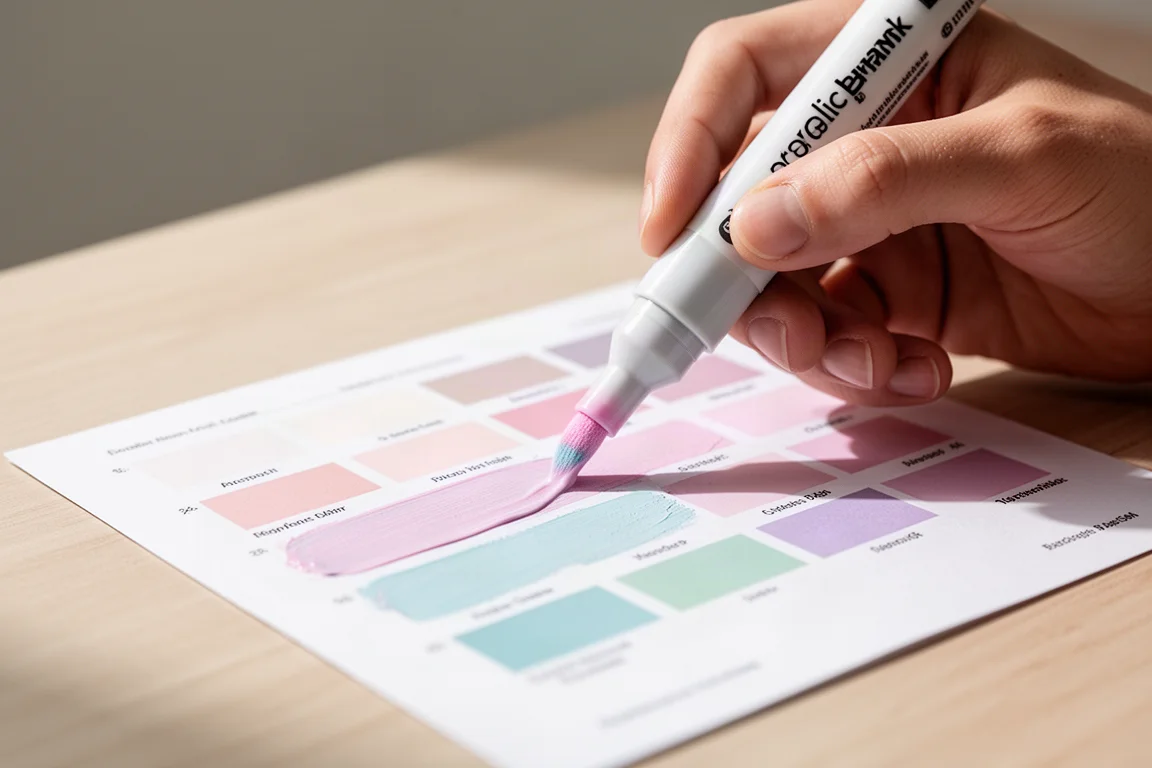 Hand swatching a pastel acrylic marker across a color chart on a desk