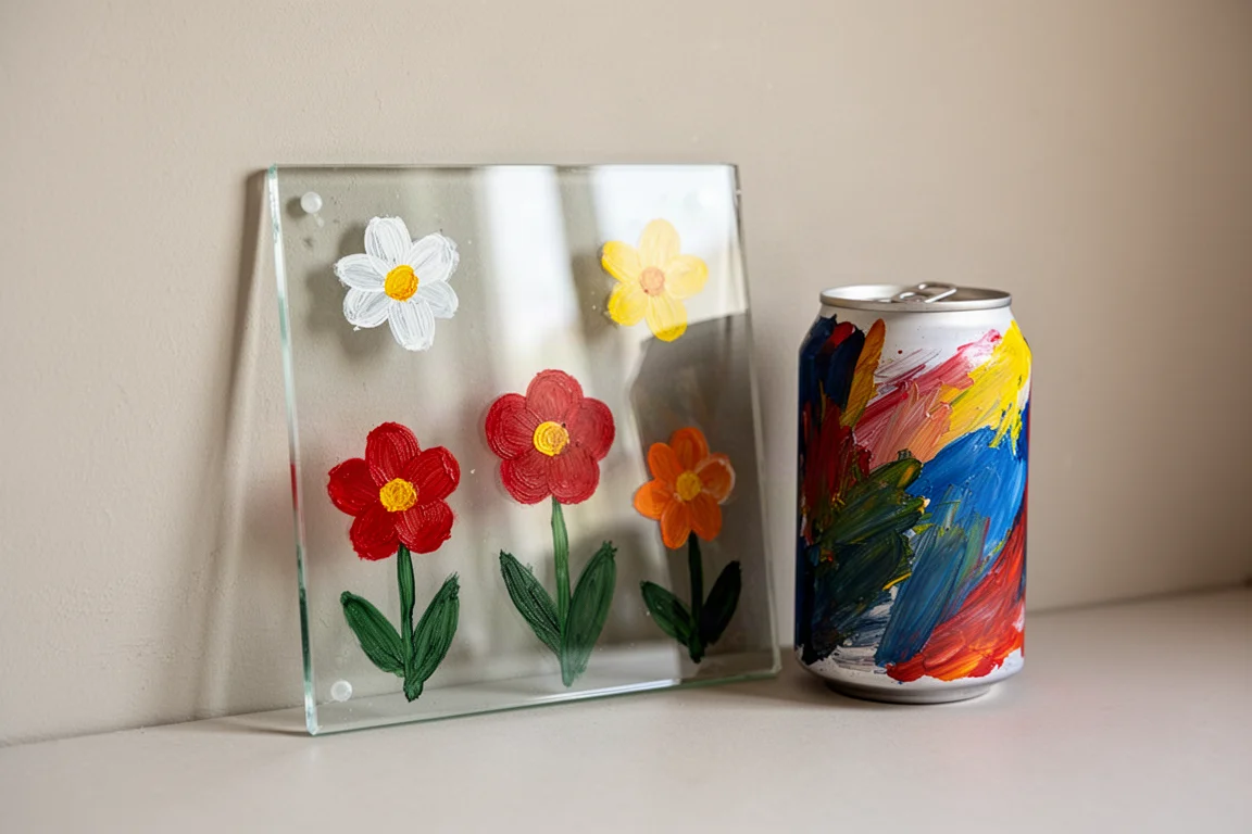 Painted flowers on a small glass panel beside an aluminum can