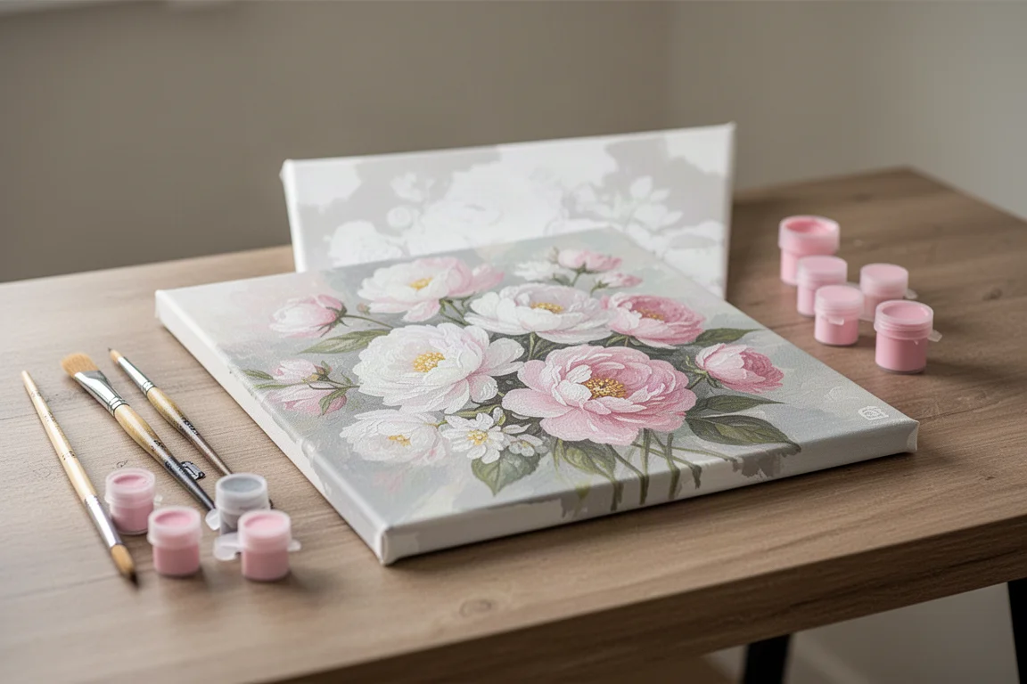A partially completed paint by numbers canvas with pink floral artwork