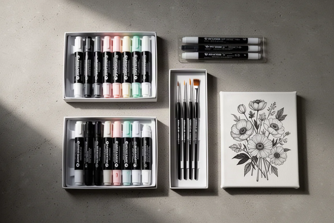Flat-lay of acrylic marker sets, detail brushes, and a painted canvas panel