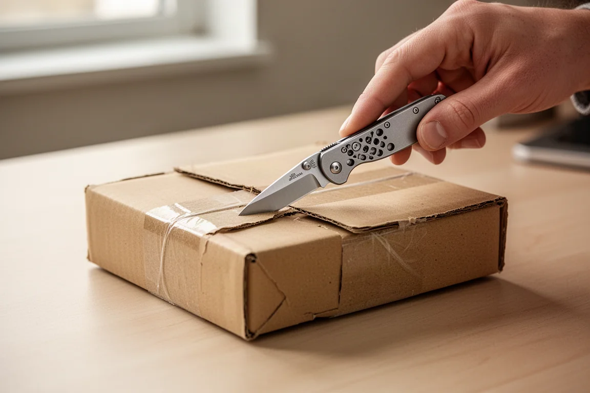 Facas dobráveis pequenas abrindo uma embalagem de papelão sobre uma mesa de madeira