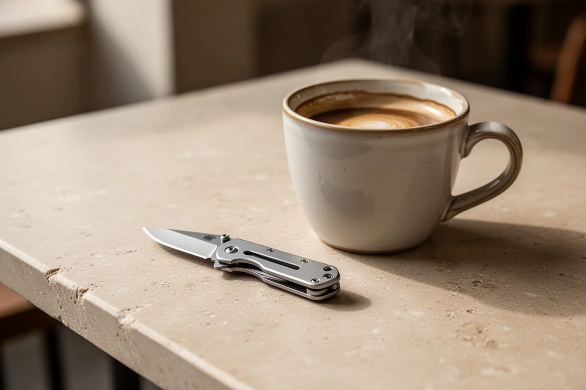 Facinha dobrável ao lado de uma xícara de café em uma mesa de cafeteria