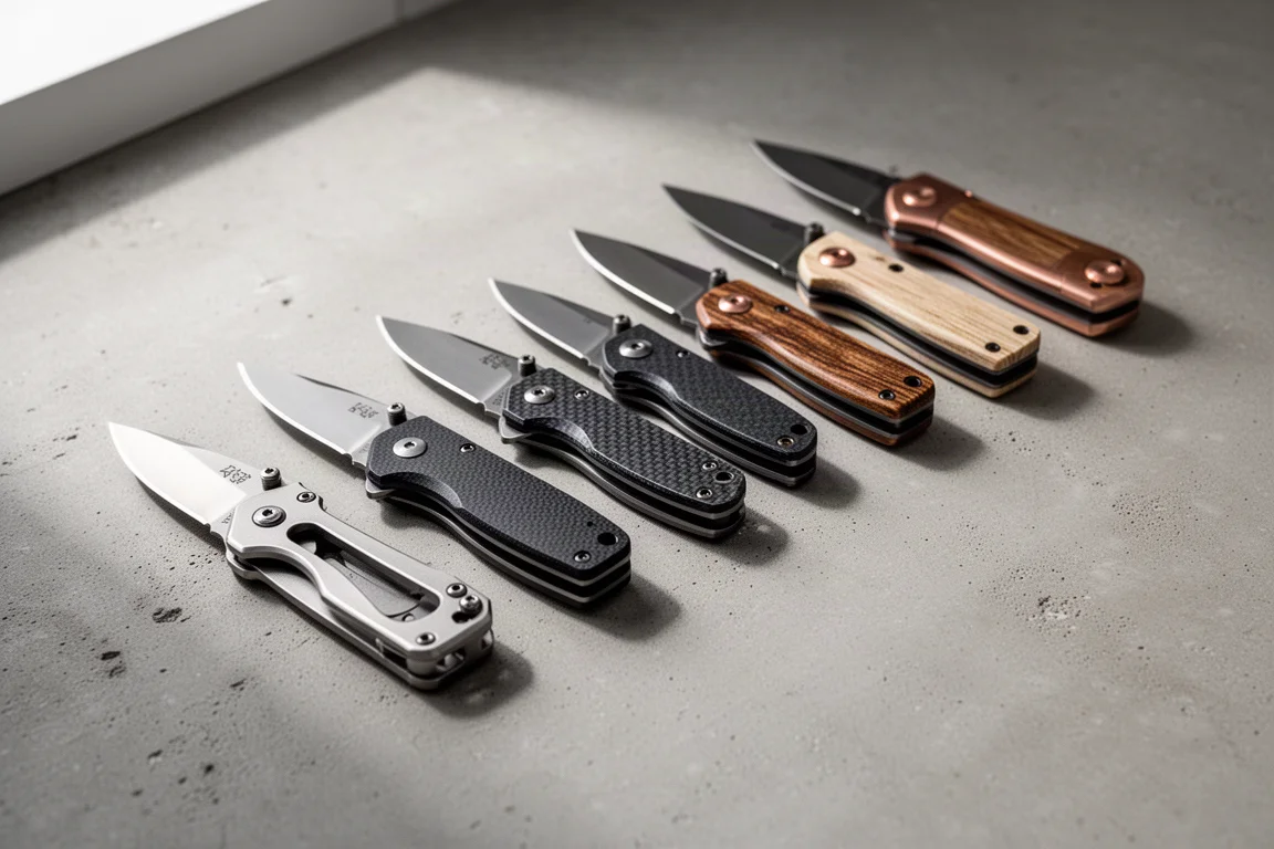Row of small folding pocket knives on a concrete surface