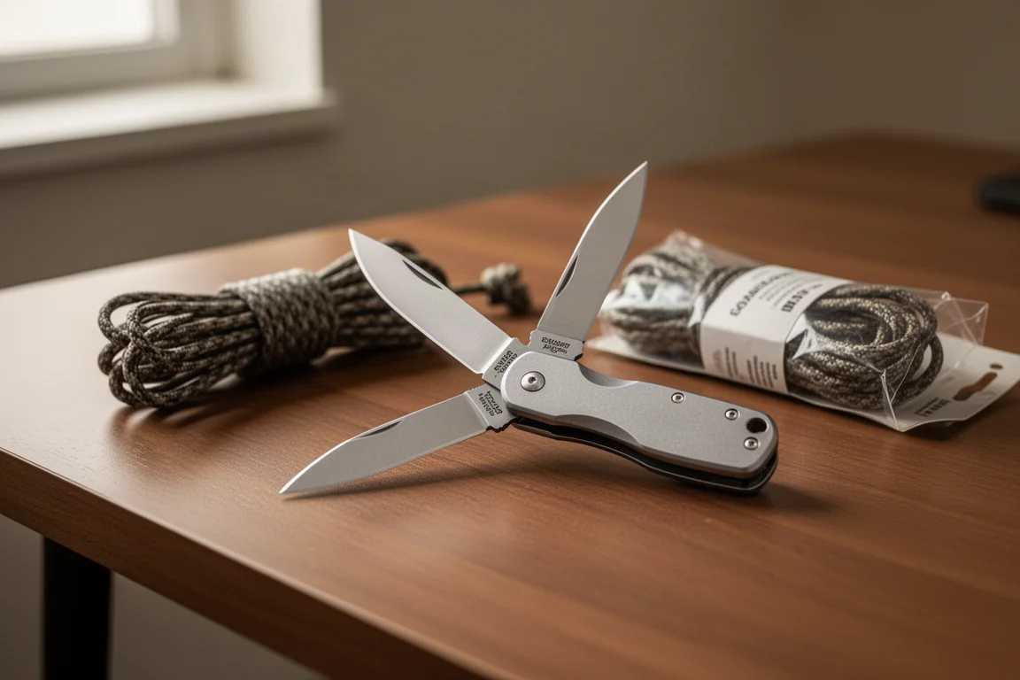 Cuchillo plegable pequeño abierto sobre un escritorio de madera junto a objetos cotidianos