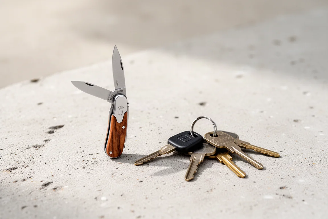 Cuchillo de bolsillo muy pequeño sujetado entre dos dedos junto a unas llaves
