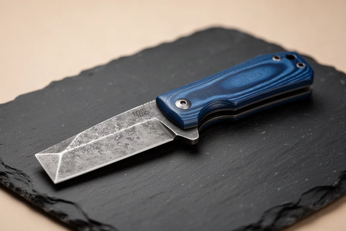 Cuchillo plegable pequeño tipo cleaver con mango de Micarta azul sobre superficie de pizarra