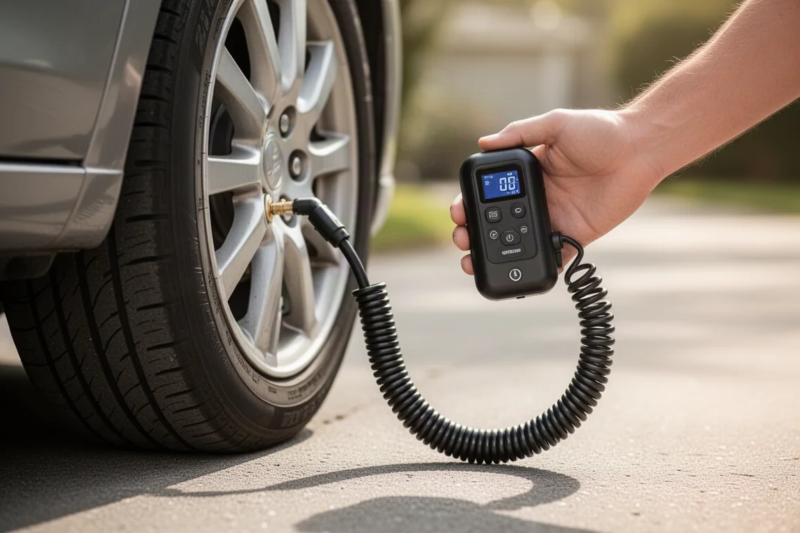 Hand holding a portable tire inflator next to a car tire valve on a driveway