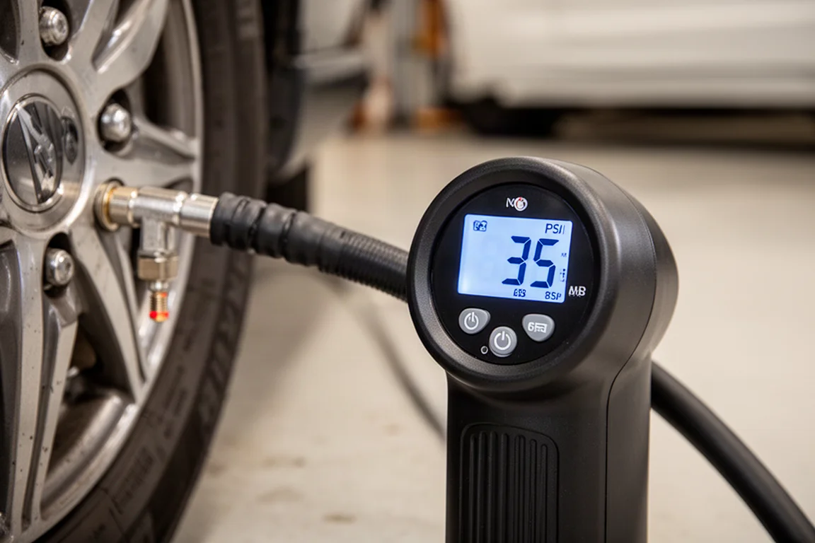 Close-up of a tire inflator digital pressure gauge showing 35 PSI