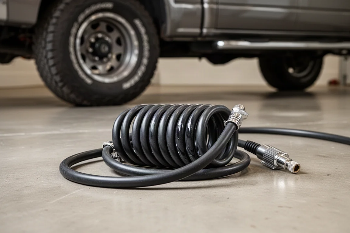 Tire inflator air hose coiled on a concrete garage floor with a truck tire in the background
