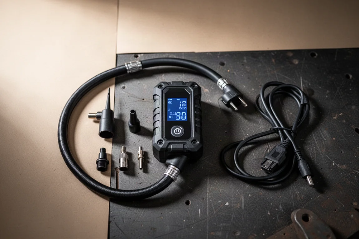 Overhead view of a tire inflator with its accessories laid out on a workbench