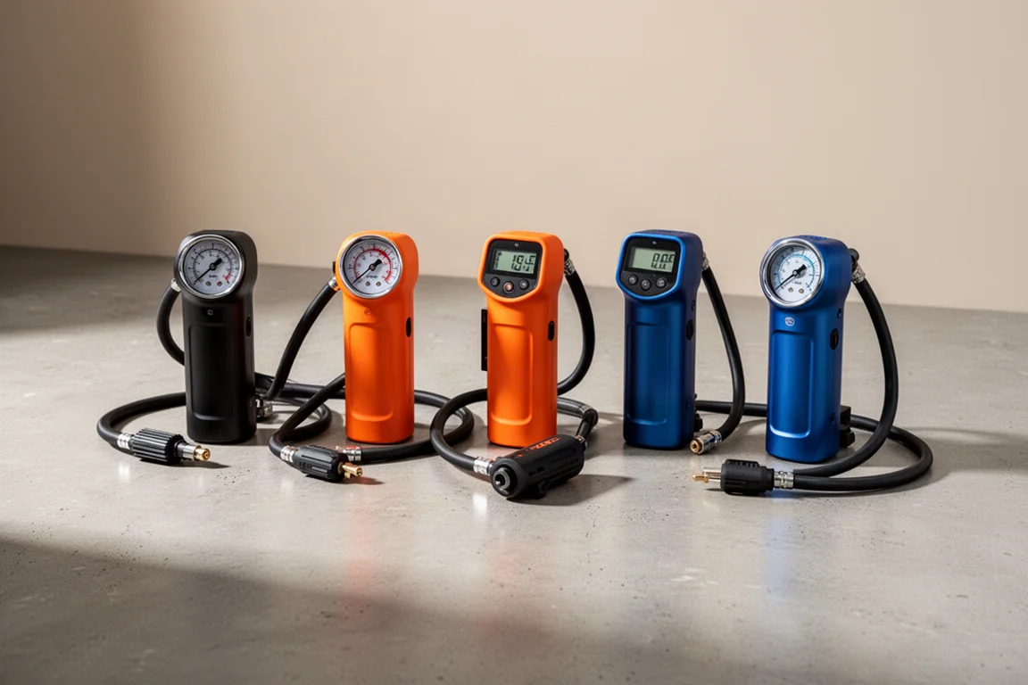 Collection of portable tire inflators arranged on a concrete surface
