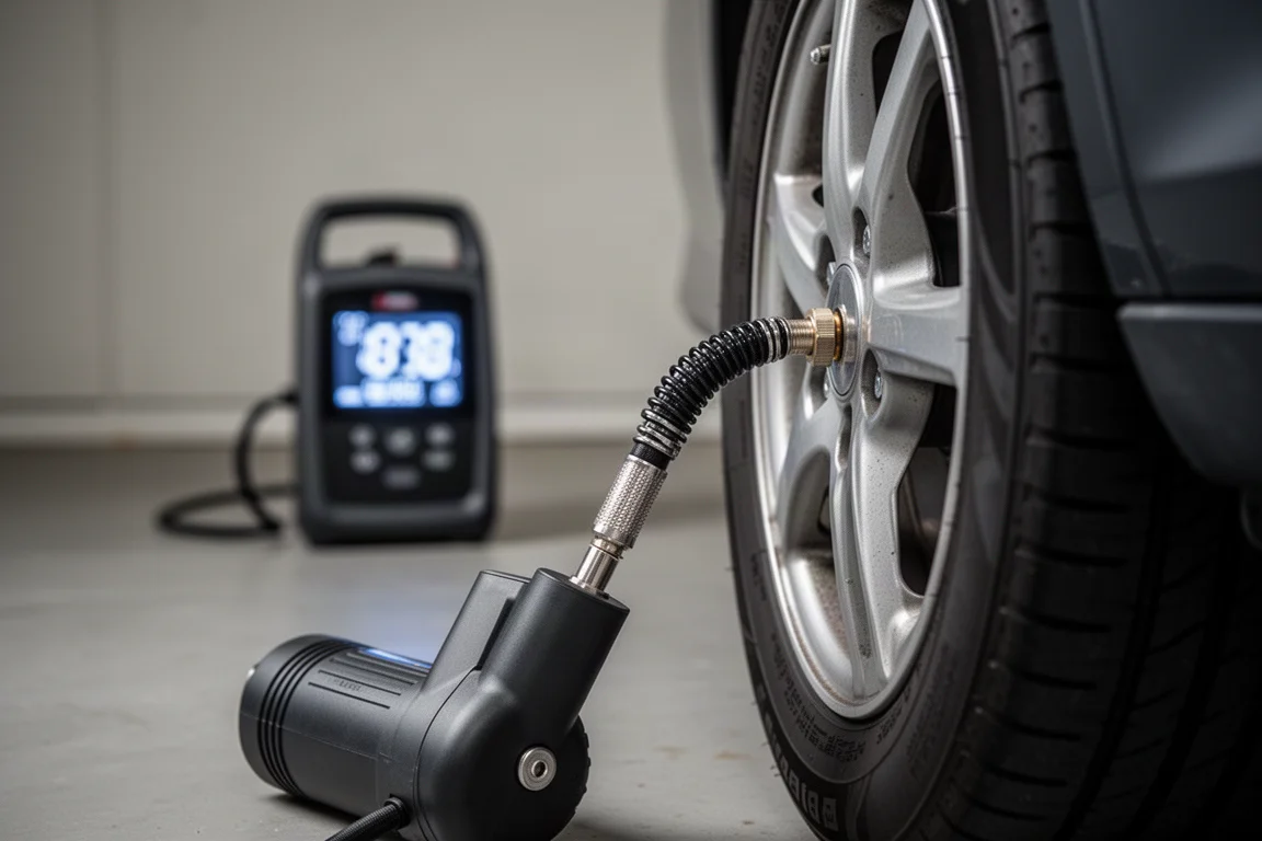 Tuyau de gonfleur de pneu raccordé à la valve d'un pneu de voiture, l'affichage du manomètre visible